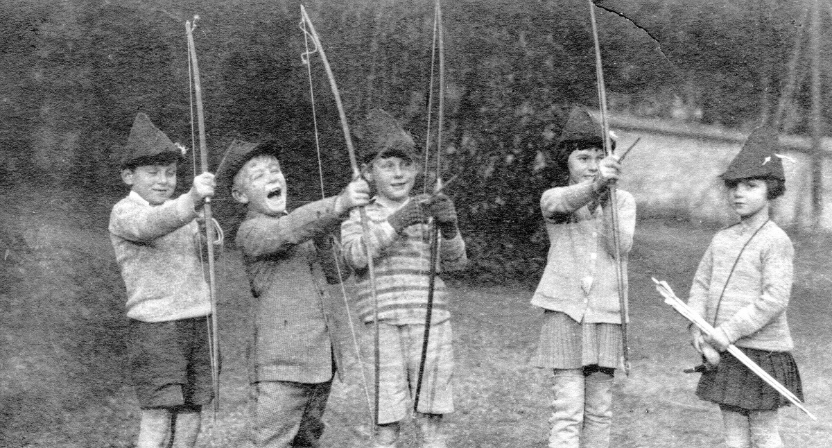 ‘Robin Hood and his men.’ Prince Jacques de Bourbon-Parma, Prince Philip of Greece and Denmark; Teddy Culbert; Martha Robertson; and Princess Anne of Bourbon-Parma at ‘the Elms’ or the MacJannet School at St Cloud, France (Tufts Digital Library).