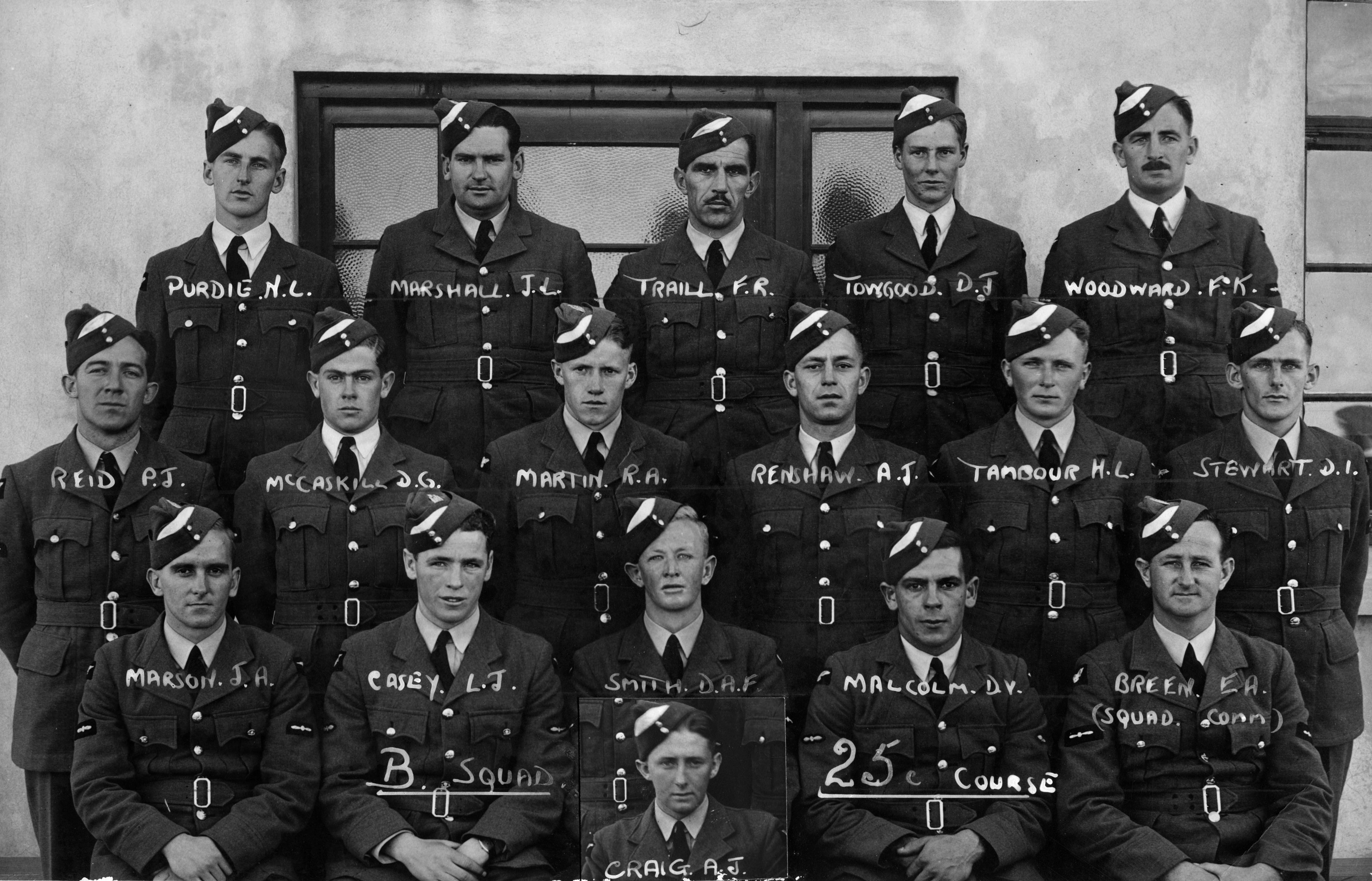 Tambour continued his training at 3 SFTS, RNZAF Station Ohakea. The photo shows the ‘B’ Squadron of Course No. 25C in February or March 1942. In the back row are (left to right): N.L. Purdie, J.L. Marshall, F.R. Traill, D.J. Towgood, F.K. Woodward; In the middle row: P.J. Reid, D.G. McCaskill, R.A. Martin, A.J. Renshaw, H.L. Tambour, D.I. Stewart; and in the front row: J.A. Marson, L.J. Casey, D.A.F. Smith, D.V. Malcolm, E.A. Breen. Inserted in the photo is A.J. Craig. Several of these airmen had trained at 4 EFTS as Tambour (Air Force Museum of New Zealand Photograph Collection).