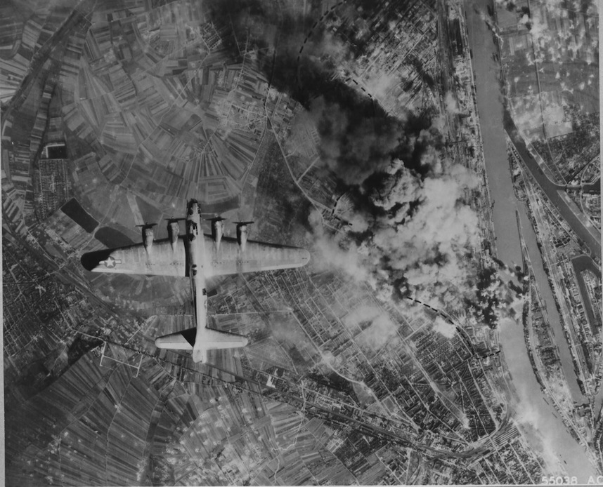 B-17 Flying Fortresses over Merseburg-Leuna during a bombing mission.