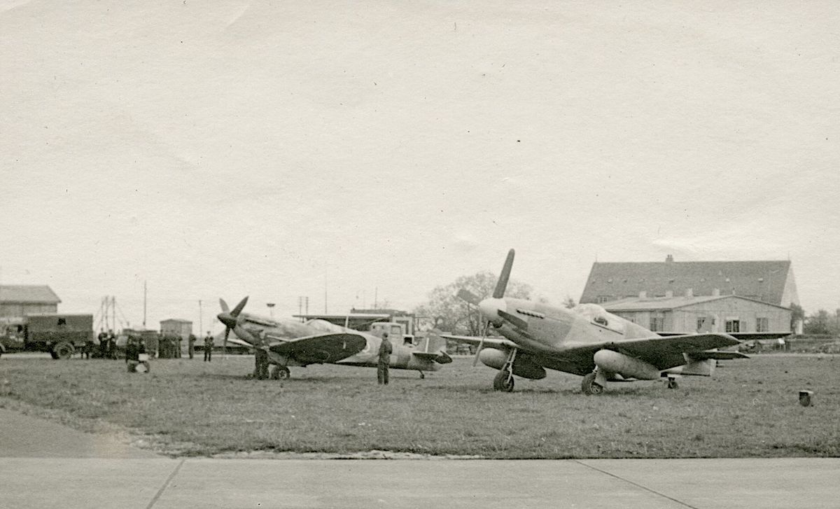 A Mustang III and a Spitfire at Copenhagen/Kastrup in May 1945. The Mustang is believed to be Wg Cdr Kaj Birksted's personal 'KB', which he flew, when visiting Copenhagen in mid-May 1945 (Museum of Danish Resistance).