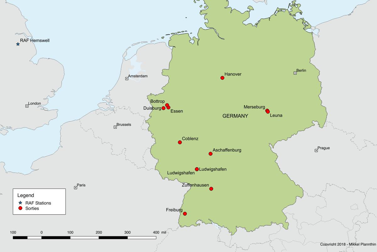 Map showing the targets of Fg Off. N. P. W. Pedersen’s operations. © Mikkel Plannthin