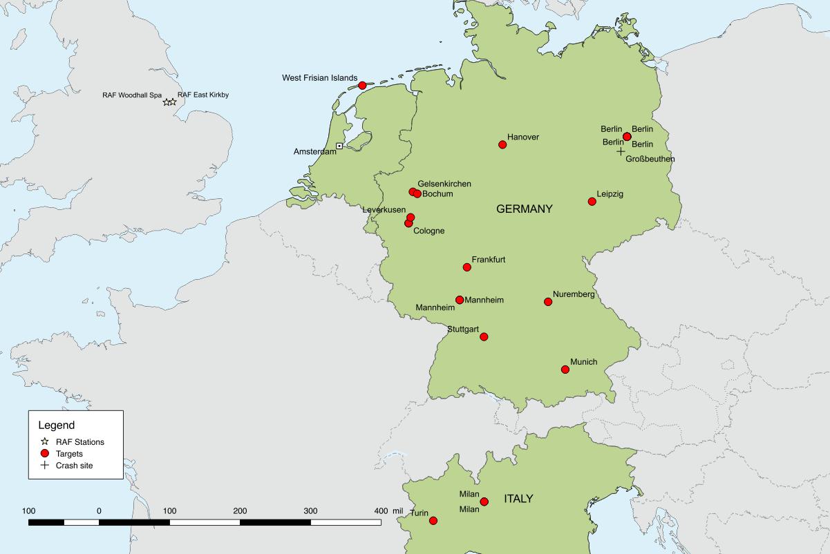 Map showing Westergaard’s twenty-five operation. As Westergaard carried out more than one operation on several targets (Berlin, Cologne, Mannheim) the number of markers does not add to twenty-five. © Plannthin