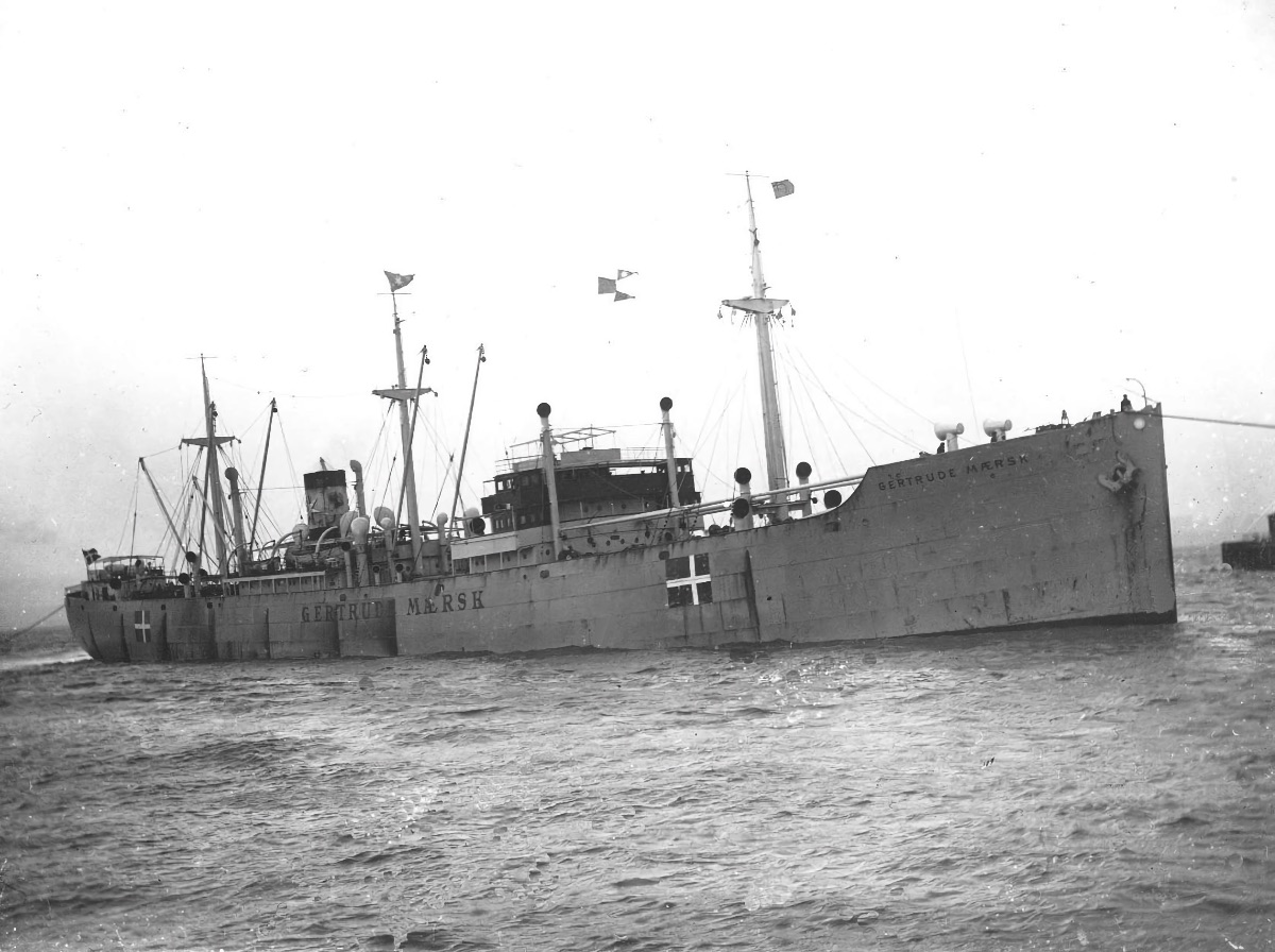 M/S Gertrude Mærsk (1930) arrived in Japanese occupied Shanghai on the eve of the German occupation of Denmark and under US Administration during the war. Rasmussen served on-board this vessel at the outbreak of war (Danish Maritime Museum).