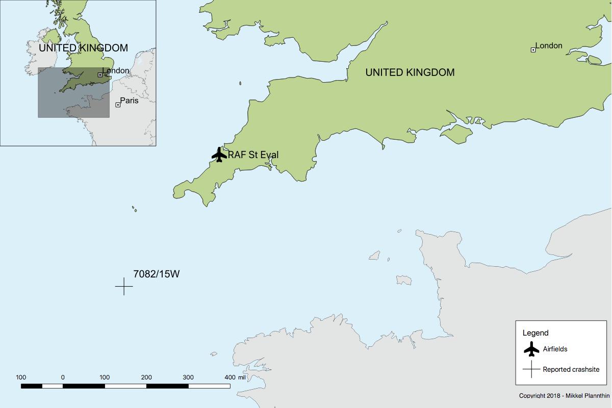 Uffz H. Mannetstetter reported one Whitley V shot down at position 7082/15 West. The map shows the area and the position where the aircraft was shot down. © Mikkel Plannthin